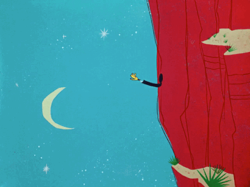 Wile E Coyote being shot out the side of a cliff