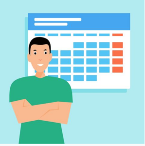 Illustration of a person in front of a calendar
